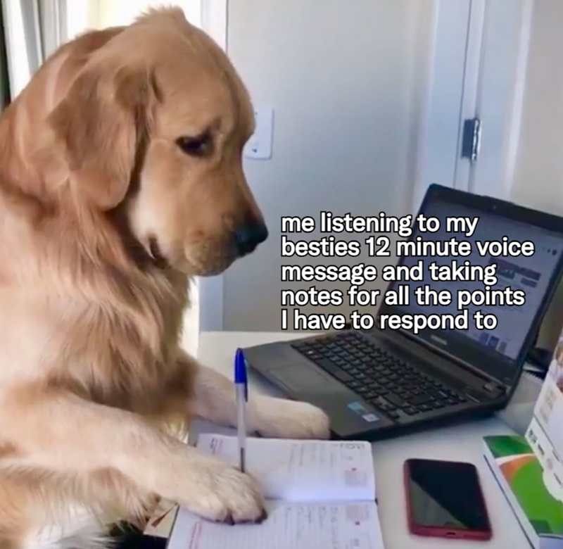 me listening to my besties 12 minute voice message and taking notes for all the points I have to respond to