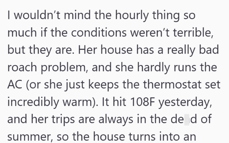 I wouldn't mind the hourly thing so much if the conditions weren't terrible, but they are. Her house has a really bad roach problem, and she hardly runs the AC (or she just keeps the thermostat set incredibly warm). It hit 108F yesterday, and her trips are always in the de d of summer, so the house turns into an