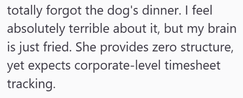 totally forgot the dog's dinner. I feel absolutely terrible about it, but my brain is just fried. She provides zero structure, yet expects corporate-level timesheet tracking.