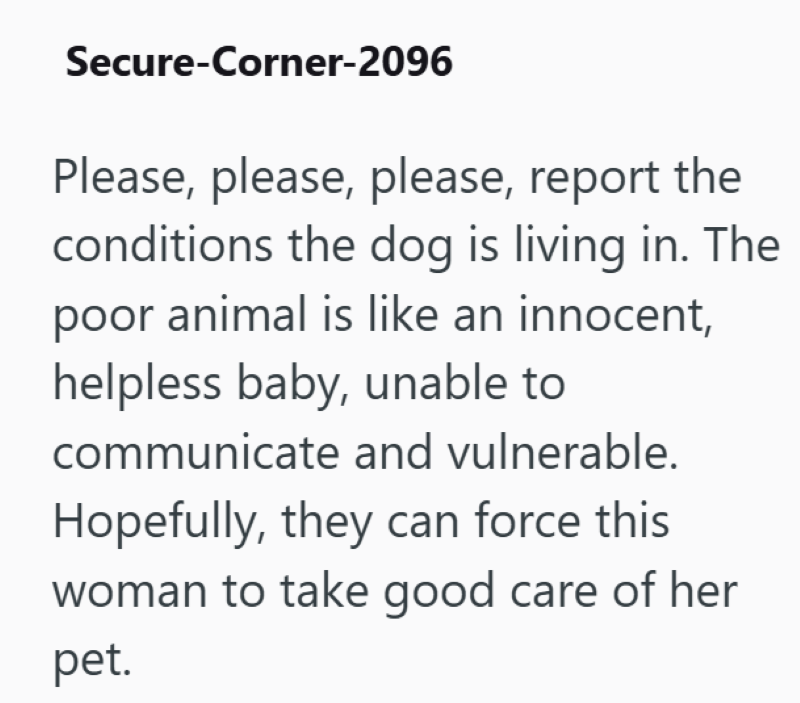 Secure-Corner-2096 Please, please, please, report the conditions the dog is living in. The poor animal is like an innocent, helpless baby, unable to communicate and vulnerable. Hopefully, they can force this woman to take good care of her pet.