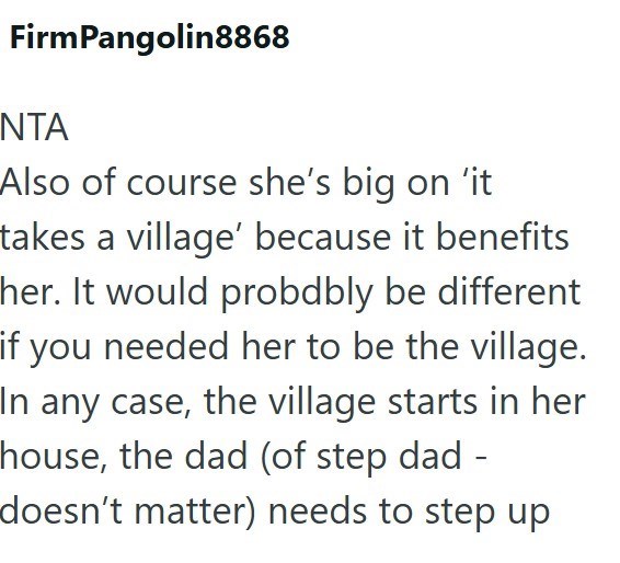 Firm Pangolin8868 NTA Also of course she's big on 'it takes a village' because it benefits her. It would probdbly be different if you needed her to be the village. In any case, the village starts in her house, the dad (of step dad - doesn't matter) needs to step up