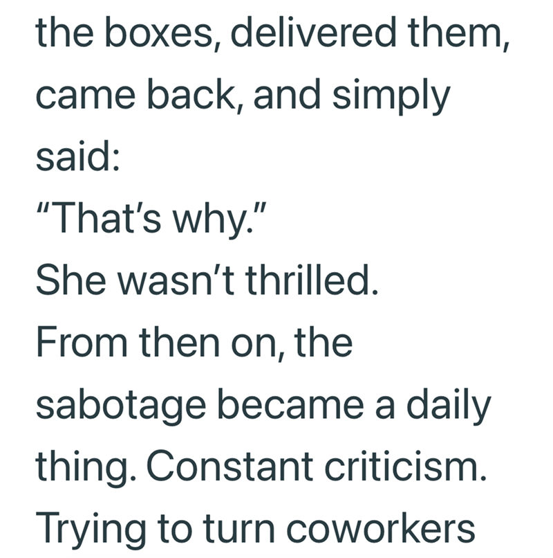 the boxes, delivered them, came back, and simply said: "That's why." She wasn't thrilled. From then on, the sabotage became a daily thing. Constant criticism. Trying to turn coworkers