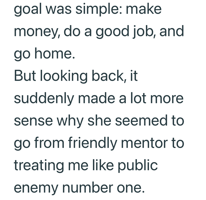 goal was simple: make money, do a good job, and go home. But looking back, it suddenly made a lot more sense why she seemed to go from friendly mentor to treating me like public enemy number one.