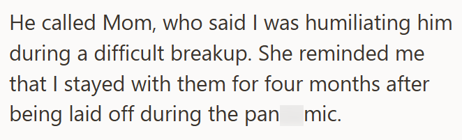 He called Mom, who said I was humiliating him during a difficult breakup. She reminded me that I stayed with them for four months after being laid off during the pan mic.