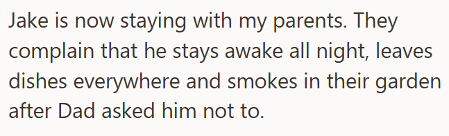 Jake is now staying with my parents. They complain that he stays awake all night, leaves dishes everywhere and smokes in their garden after Dad asked him not to.