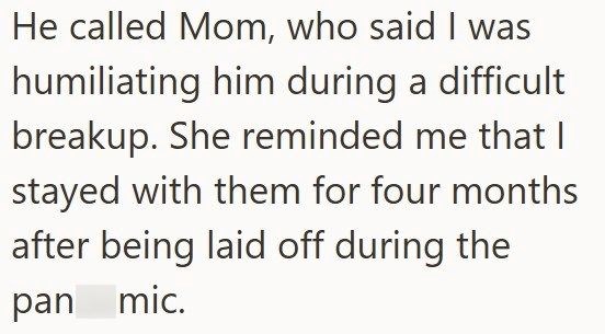 He called Mom, who said I was humiliating him during a difficult breakup. She reminded me that I stayed with them for four months after being laid off during the pan mic.