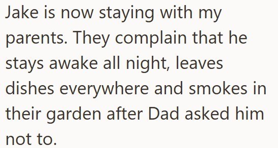 Jake is now staying with my parents. They complain that he stays awake all night, leaves dishes everywhere and smokes in their garden after Dad asked him not to.