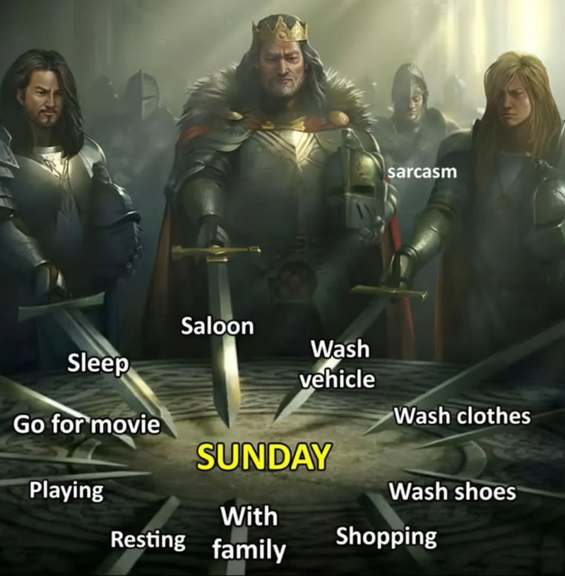 sarcasm Wash vehicle Wash clothes Sleep Go for movie Saloon SUNDAY Playing Wash shoes With Shopping Resting family