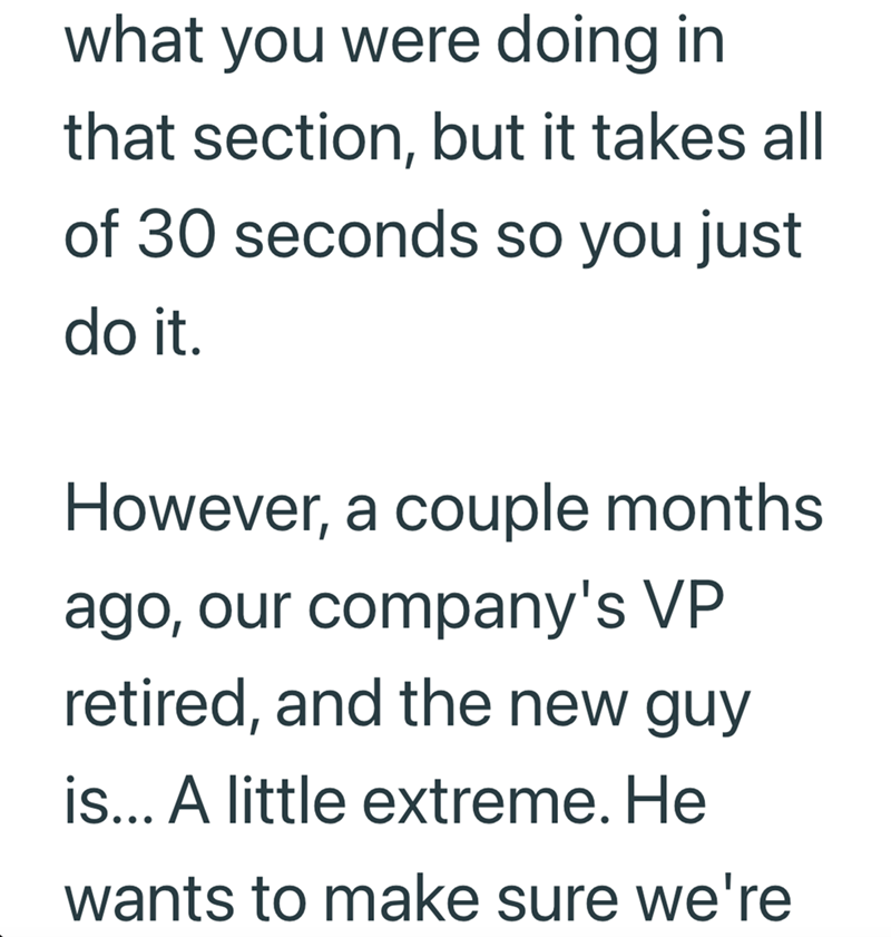 what you were doing in that section, but it takes all of 30 seconds so you just do it. However, a couple months ago, our company's VP retired, and the new guy is... A little extreme. He wants to make sure we're