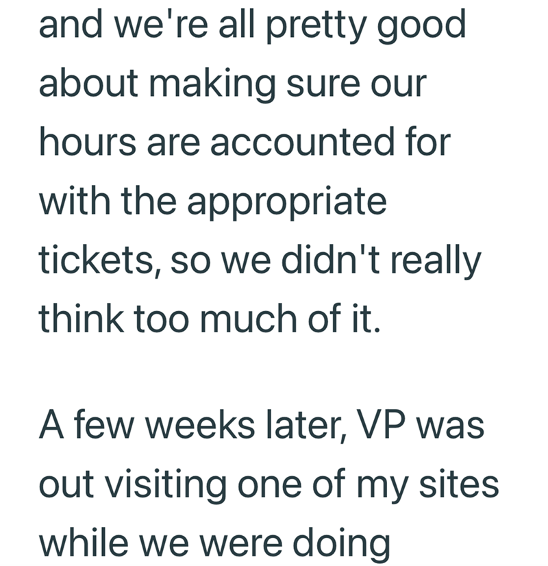 and we're all pretty good about making sure our hours are accounted for with the appropriate tickets, so we didn't really think too much of it. A few weeks later, VP was out visiting one of my sites while we were doing