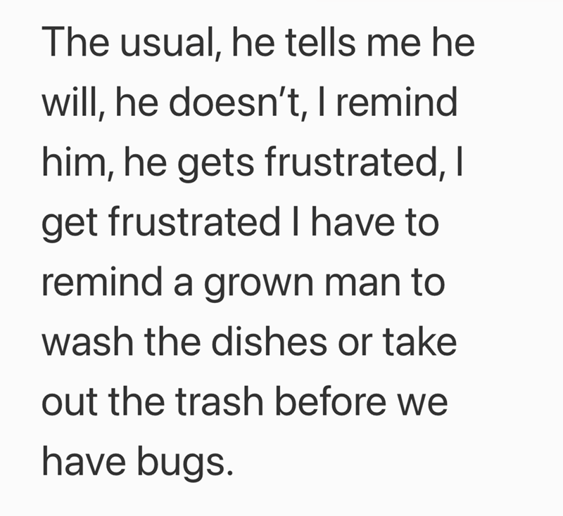 The usual, he tells me he will, he doesn't, I remind him, he gets frustrated, I get frustrated I have to remind a grown man to wash the dishes or take out the trash before we have bugs.