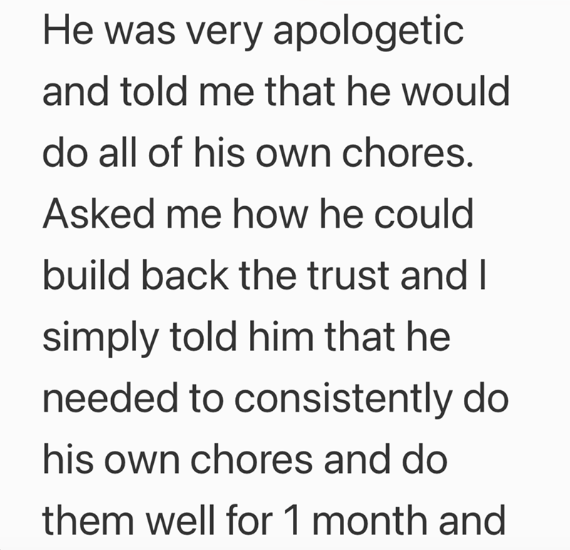 He was very apologetic and told me that he would do all of his own chores. Asked me how he could build back the trust and I simply told him that he needed to consistently do his own chores and do them well for 1 month and