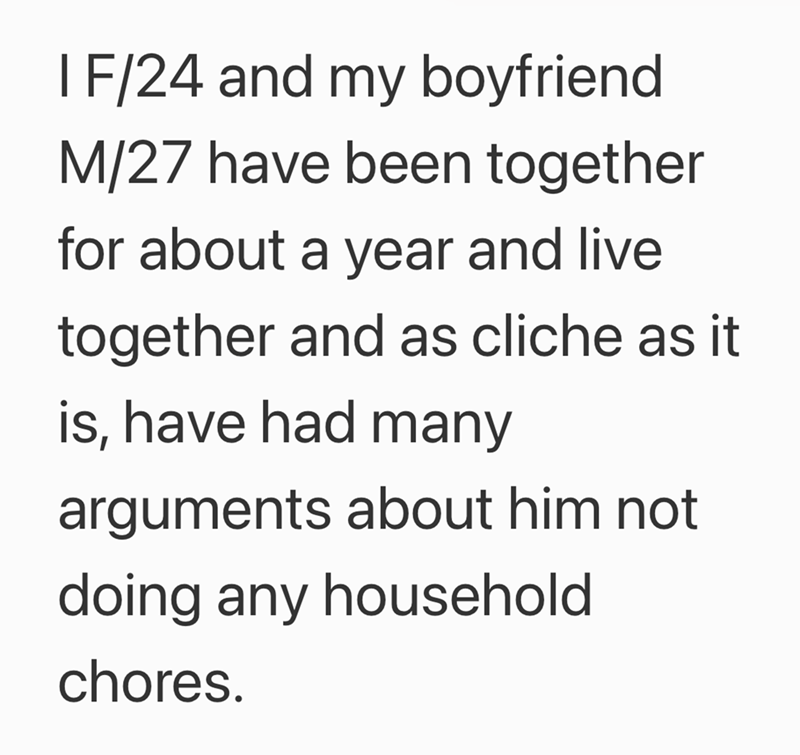 I F/24 and my boyfriend M/27 have been together for about a year and live together and as cliche as it is, have had many arguments about him not doing any household chores.
