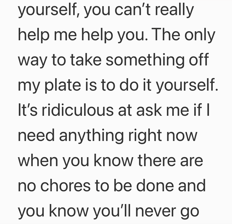 yourself, you can't really help me help you. The only way to take something off my plate is to do it yourself. It's ridiculous at ask me if I need anything right now when you know there are no chores to be done and you know you'll never go