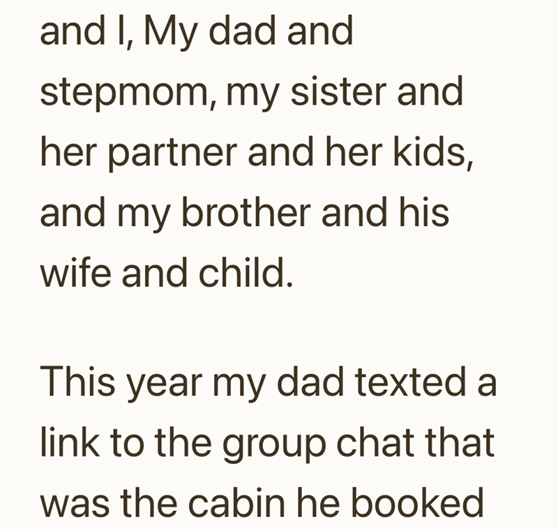 and I, My dad and stepmom, my sister and her partner and her kids, and my brother and his wife and child. This year my dad texted a link to the group chat that was the cabin he booked