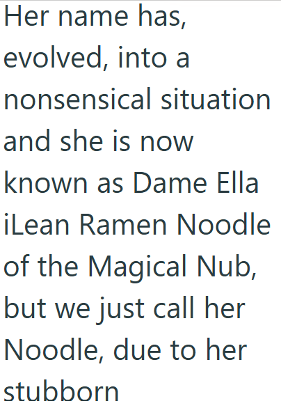Her name has, evolved, into a nonsensical situation and she is now known as Dame Ella iLean Ramen Noodle of the Magical Nub, but we just call her Noodle, due to her stubborn