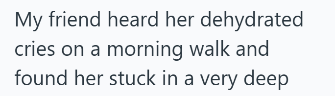 My friend heard her dehydrated cries on a morning walk and found her stuck in a very deep