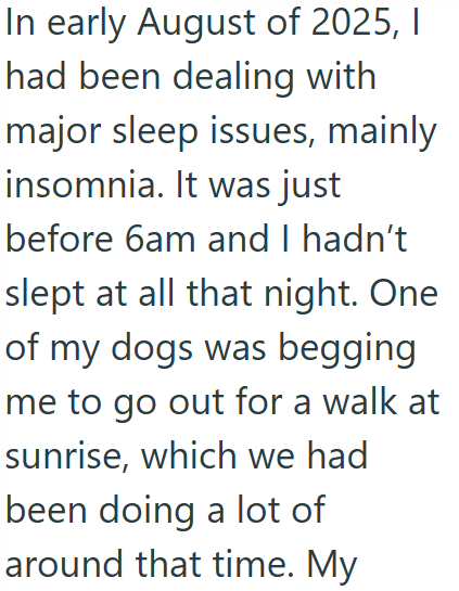 In early August of 2025, I had been dealing with major sleep issues, mainly insomnia. It was just before 6am and I hadn't slept at all that night. One of my dogs was begging me to go out for a walk at sunrise, which we had been doing a lot of around that time. My