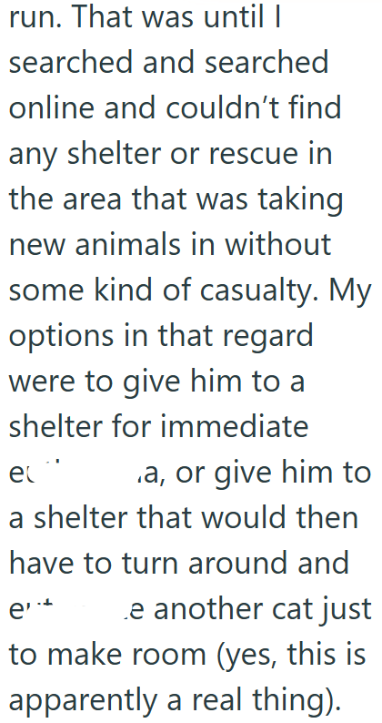 run. That was until I searched and searched online and couldn't find any shelter or rescue in the area that was taking new animals in without some kind of casualty. My options in that regard were to give him to a shelter for immediate et .a, or give him to a shelter that would then have to turn around and e1 e another cat just to make room (yes, this is apparently a real thing).