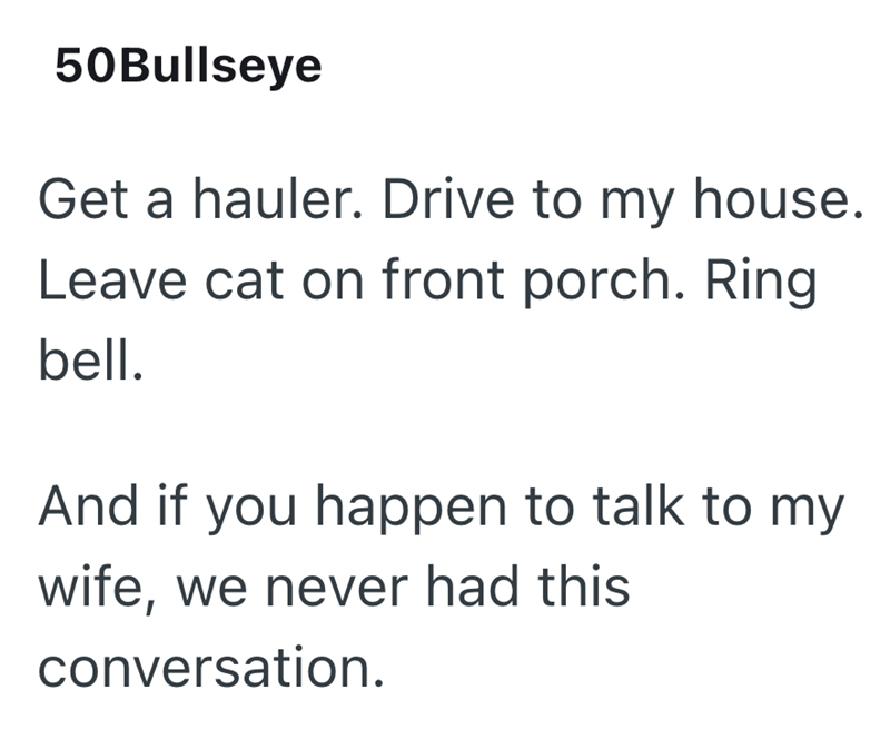 50Bullseye Get a hauler. Drive to my house. Leave cat on front porch. Ring bell. And if you happen to talk to my wife, we never had this conversation.