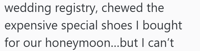 wedding registry, chewed the expensive special shoes I bought for our honeymoon...but I can't