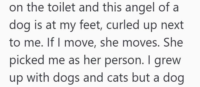 on the toilet and this angel of a dog is at my feet, curled up next to me. If I move, she moves. She picked me as her person. I grew up with dogs and cats but a dog