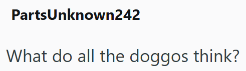 PartsUnknown242 What do all the doggos think?
