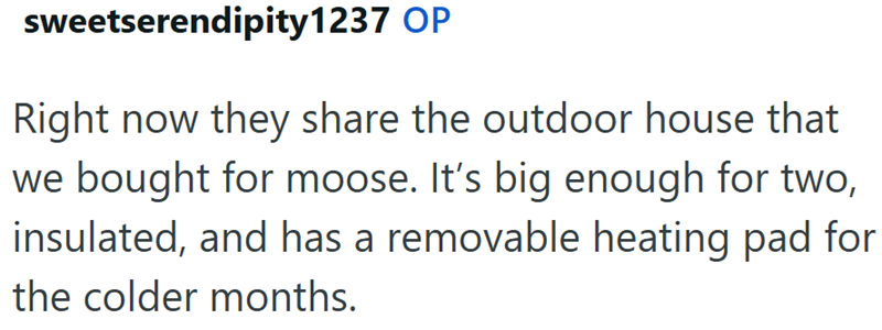 sweetserendipity1237 OP Right now they share the outdoor house that we bought for moose. It's big enough for two, insulated, and has a removable heating pad for the colder months.