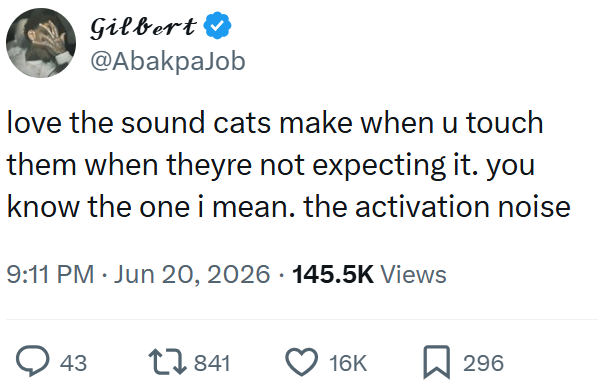 Gilbert @AbakpaJob love the sound cats make when u touch them when theyre not expecting it. you know the one i mean. the activation noise 9:11 PM ⚫ Jun 20, 2026 145.5K Views 43 1841 16K ☐ 296