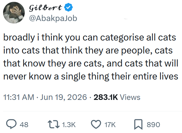 Gilbert @AbakpaJob broadly i think you can categorise all cats into cats that think they are people, cats that know they are cats, and cats that will never know a single thing their entire lives 11:31 AM ⚫ Jun 19, 2026 - 283.1K Views 48 11.3K 17K ☐ 890