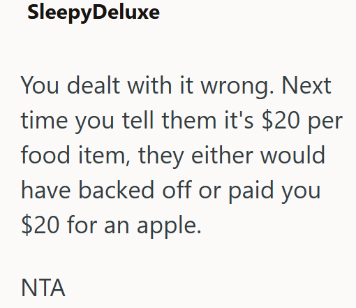 SleepyDeluxe You dealt with it wrong. Next time you tell them it's $20 per food item, they either would have backed off or paid you $20 for an apple. ΝΤΑ