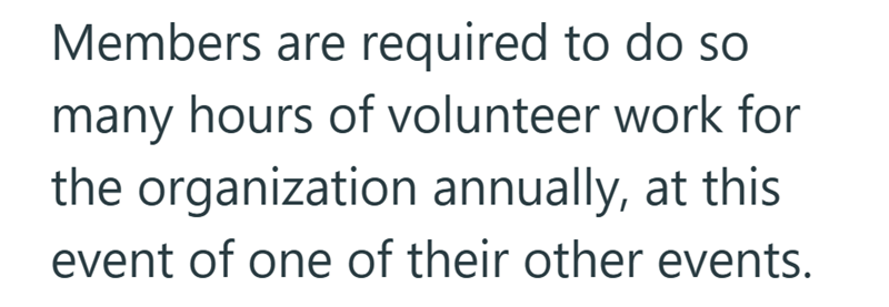 Members are required to do so many hours of volunteer work for the organization annually, at this event of one of their other events.