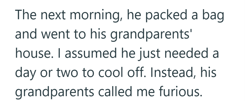 The next morning, he packed a bag and went to his grandparents' house. I assumed he just needed a day or two to cool off. Instead, his grandparents called me furious.