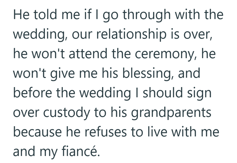 He told me if I go through with the wedding, our relationship is over, he won't attend the ceremony, he won't give me his blessing, and before the wedding I should sign over custody to his grandparents because he refuses to live with me and my fiancé.