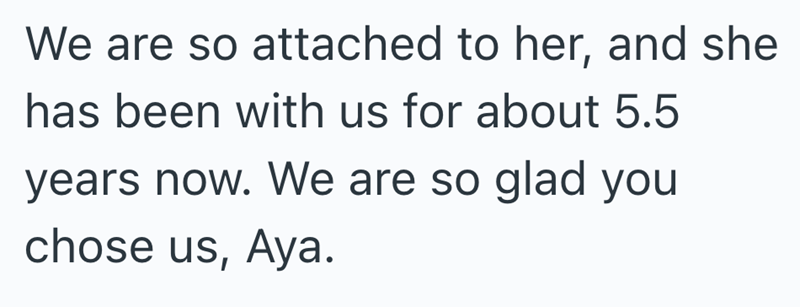 We are so attached to her, and she has been with us for about 5.5 years now. We are so glad you chose us, Aya.