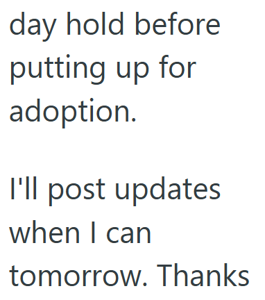 day hold before putting up for adoption. I'll post updates when I can tomorrow. Thanks