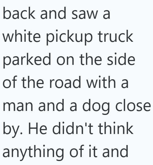 back and saw a white pickup truck parked on the side of the road with a man and a dog close by. He didn't think anything of it and