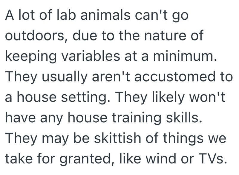 A lot of lab animals can't go outdoors, due to the nature of keeping variables at a minimum. They usually aren't accustomed to a house setting. They likely won't have any house training skills. They may be skittish of things we take for granted, like wind or TVs.