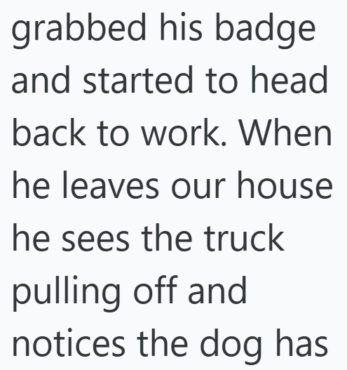 grabbed his badge and started to head back to work. When he leaves our house he sees the truck pulling off and notices the dog has