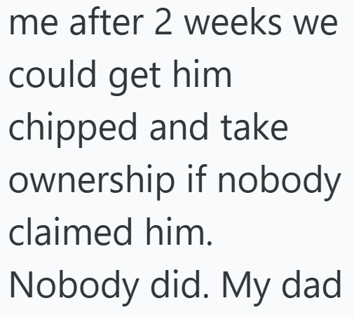 me after 2 weeks we could get him chipped and take ownership if nobody claimed him. Nobody did. My dad