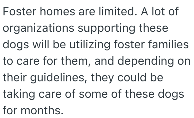 Foster homes are limited. A lot of organizations supporting these dogs will be utilizing foster families to care for them, and depending on their guidelines, they could be taking care of some of these dogs for months.
