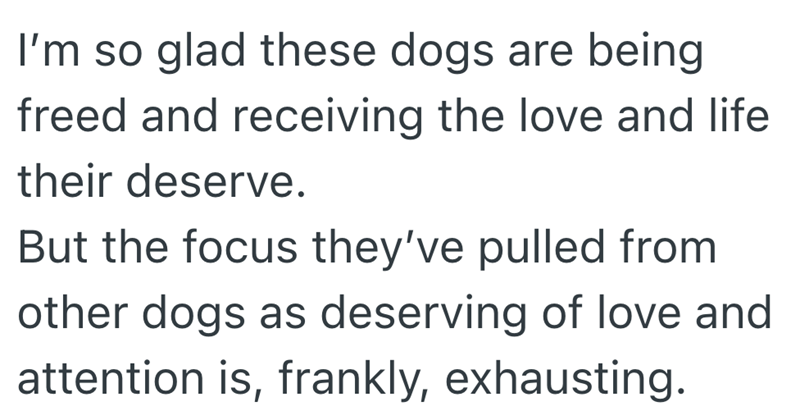 I'm so glad these dogs are being freed and receiving the love and life their deserve. But the focus they've pulled from other dogs as deserving of love and attention is, frankly, exhausting.