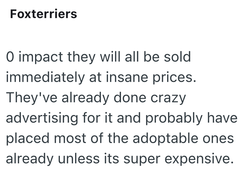 Foxterriers O impact they will all be sold immediately at insane prices. They've already done crazy advertising for it and probably have placed most of the adoptable ones already unless its super expensive.