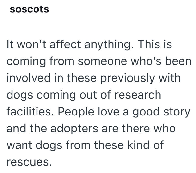 soscots It won't affect anything. This is coming from someone who's been involved in these previously with dogs coming out of research facilities. People love a good story and the adopters are there who want dogs from these kind of rescues.