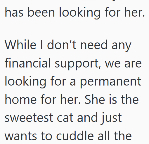 has been looking for her. While I don't need any financial support, we are looking for a permanent home for her. She is the sweetest cat and just wants to cuddle all the