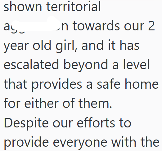 shown territorial a on towards our 2 year old girl, and it has escalated beyond a level that provides a safe home for either of them. Despite our efforts to provide everyone with the