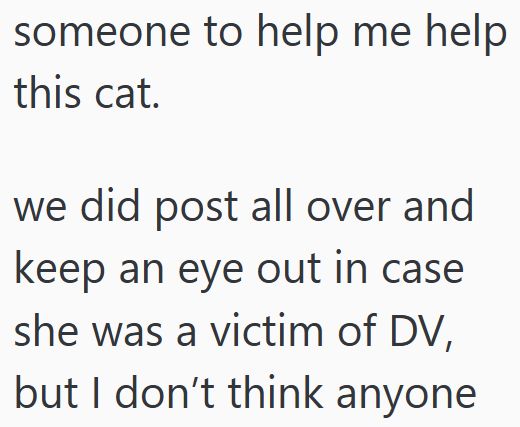 someone to help me help this cat. we did post all over and keep an eye out in case she was a victim of DV, but I don't think anyone