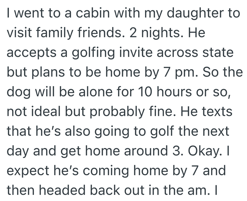I went to a cabin with my daughter to visit family friends. 2 nights. He accepts a golfing invite across state but plans to be home by 7 pm. So the dog will be alone for 10 hours or so, not ideal but probably fine. He texts that he's also going to golf the next day and get home around 3. Okay. I expect he's coming home by 7 and then headed back out in the am. I