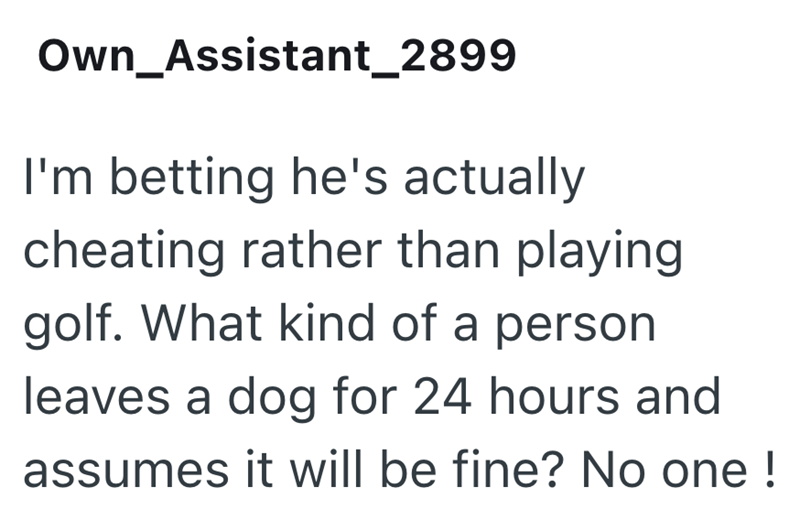 Own_Assistant_2899 I'm betting he's actually cheating rather than playing golf. What kind of a person leaves a dog for 24 hours and assumes it will be fine? No one!