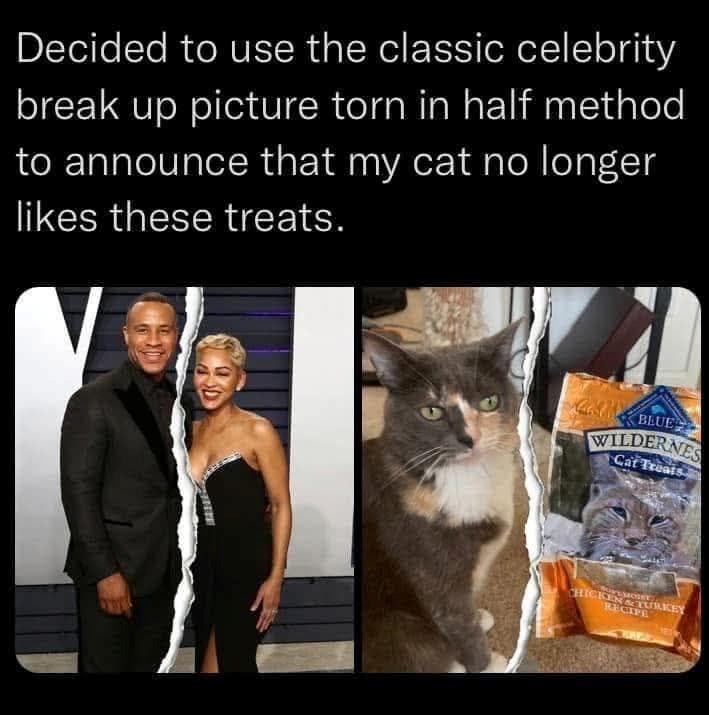 Decided to use the classic celebrity break up picture torn in half method to announce that my cat no longer likes these treats. BLUE WILDERNES Cat Treats CHICKEN & TURKEY RECIPE
